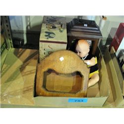 Box of assorted decorative itemsj; shelf, clock