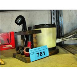 Vintage pipe stand with 4 pipes and tobacco