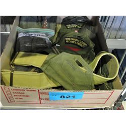 Box of assorted military gear; belts, patches etc