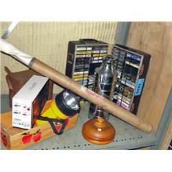 Shelf lot of misc; vintage cassette tapes, thermos