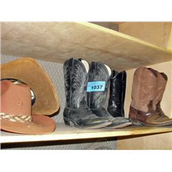 3pairs of cowboy boots and 2 cowboy hats