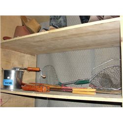 Shelf lot of fishermans nets, paddle, bat, popcorn