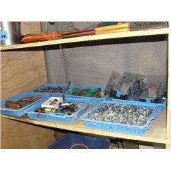 6 small blue baskets of assorted hardware and misc