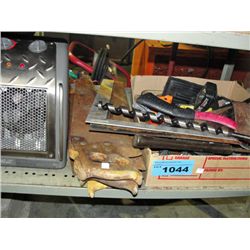 Shelf lot of assorted hand tools, electric heater
