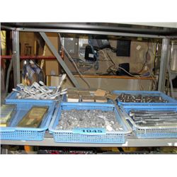 6 small blue baskets of assorted nuts bolts hard