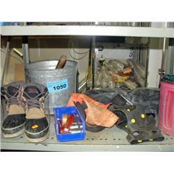 Shelf lot of misc work boots, galvanized bucket