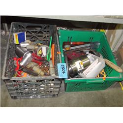 2 plastic storage bins of hardware and misc items