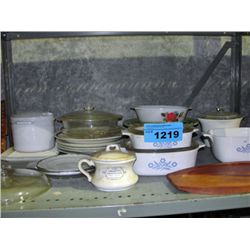 Shelf lot of assorted cassorole dishes, plates,