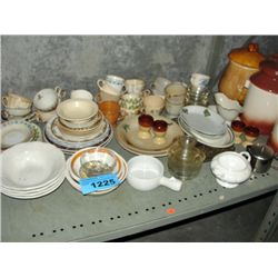 Shelf lot of assorted dinnerware; cups, saucers,