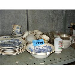 Shelf lot of assorted dinnerware, plates, cups