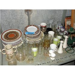 shelf lot of assorted plates, glasswares, etc