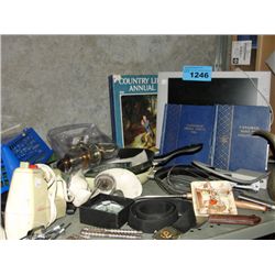 Shelf lot of misc items; books, kitchenwares, etc