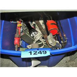 Blue plastic storage bin of assorted tools
