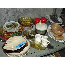 shelf lot of kitchenwares, dishes, bowls, etc