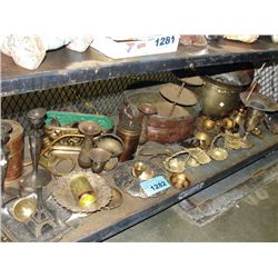 Shelf lot of assorted brass and copper wares