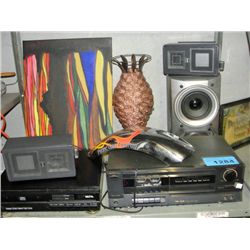 Shelf lot of home electronics, speaker, vase etc