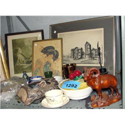Shelf lot of vintage collectables, prints and
