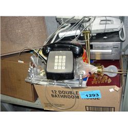 Shelf lot of assorted vintage telephones, speaker