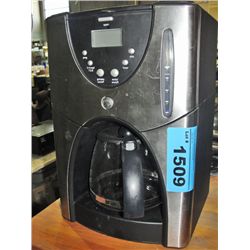 GE stainless steel and black coffee maker