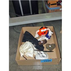 Box of assorted collectables; M&Ms figure,