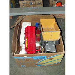 Box of vintage toy trucks and cars