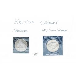 2 british crowns collector coins; churchill and