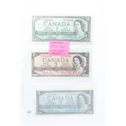 3 1954 canadian bank notes; $1, $2 and $5