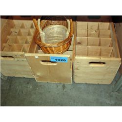 3 wooden crates and 2 baskets