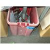 Image 1 : Red plastic storage bin of assorted jack stands