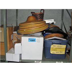 Shelf lot of assorted items; hats, canister sets