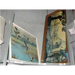2 vintage framed prints; farmhouse and ducks