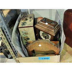 Box of assorted decorative items; clock, shelf