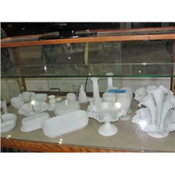 Large collection of assorted milk glass, some