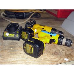 2 dewault cordless drills with 2 batteries and one