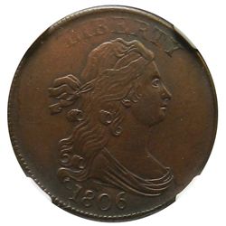 Draped Bust Half Cent, 1806, Stemless wreath. NGC AU details, cleaned.