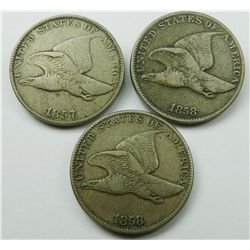 Flying Eagle Cent Trio, 1857-1858. Fine to VF-EF.