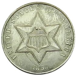 Three Cents Silver, 1859. Type III. Well struck ltly toned Unc.