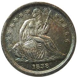 Seated Liberty Dime, 1838, Ch. AU-Unc, nice color.