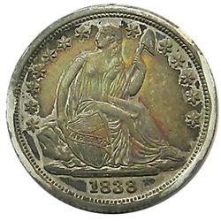 Seated Liberty Dime, 1838, AU, colorful obv.