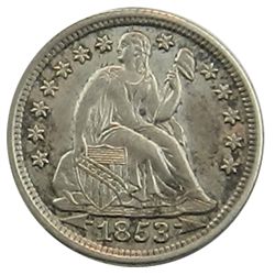 Seated Liberty Dime, 1853 Arrows, Original aUnc-Unc.