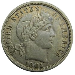 Barber Dime, 1901-O, Better date, Ch. EF, cpl mks rev.