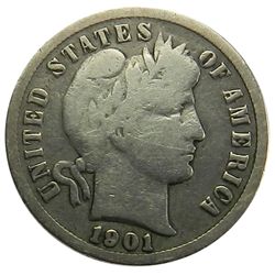 Barber Dime, 1901-S, Key date, VG, obv clnd, lt hairline scs.