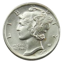 Mercury Dime, 1919-D. Lustrous BU, cpl mks.