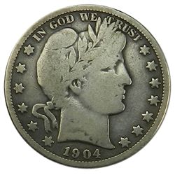 Barber Half Dollar, 1904-S. Toned VG+.