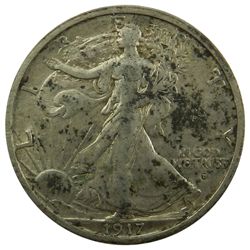 Walking Liberty Half Dollar, 1917-D obverse mintmark, EF-AU mottled toning.