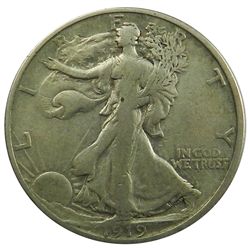 Walking Liberty Half Dollar, 1919-D. Better date. VF.