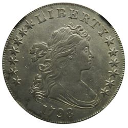 Draped Bust Silver Dollar, Heraldic Eagle, 1798. B-13, BB-108. NGC AU details, cleaned.