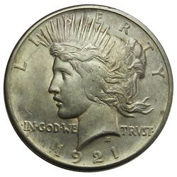 Peace Silver Dollar, 1921, Key date. Toned AU, lustrous.
