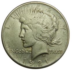 Peace Silver Dollar, 1921, Key date. Toned VF, lt rb,cpl small mks.