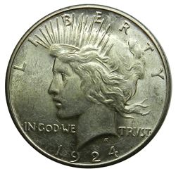 Peace Silver Dollar, 1924-S. Ltly toned lustrous Unc.